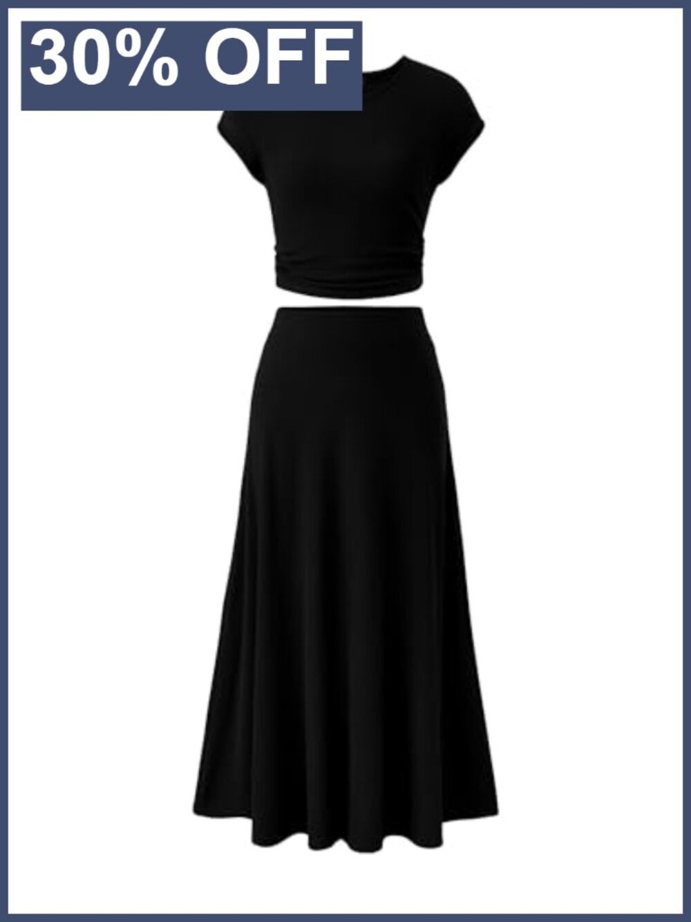 Ribbed Knit Two Piece Skirt Set Short Sleeve Ruched Crop Top Midi Skirt